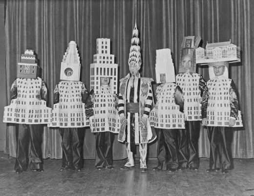 Famous architects dressed as the buildings they designed. From http://www.neatorama.com/2012/08/25/Famous-Architects-Dressed-as-Their-Buildings/#!lArTi