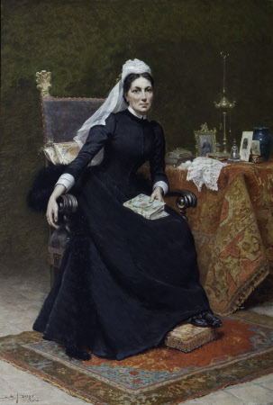 Mrs Henry Spencer Lucy in mourning. Oil painting on canvas,Christina Cameron Campbell, Mrs Henry Spencer Lucy (d. 1919) [?1826 - 1898] by Giuseppe da Pozzo (Conegliano 1844 - Rome 1919), signed G da Pozzo Roma. A full-length portrait of the wife of Henry Spencer Lucy, who died 1890, and eldest daughter of Alexander Campbell of Monzie.In 1890 she assumed the name Cameron-Lucy in her widowhood. She is seen dressed in black with a white cap and veil, drawn back, sitting on a throne onsmall raised platform with a footstool n the carpet at her feetnext to carpeted table with a framed photgraph, small urn, ?chalice/monstrance and various other effects, holding a pice of paper in her hand.