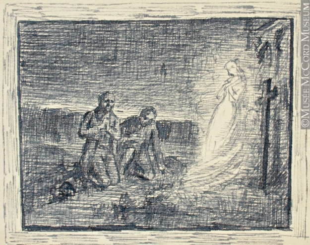 ghostly woman two man praying