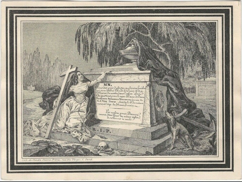 1842 belgian mourning card woman and tomb